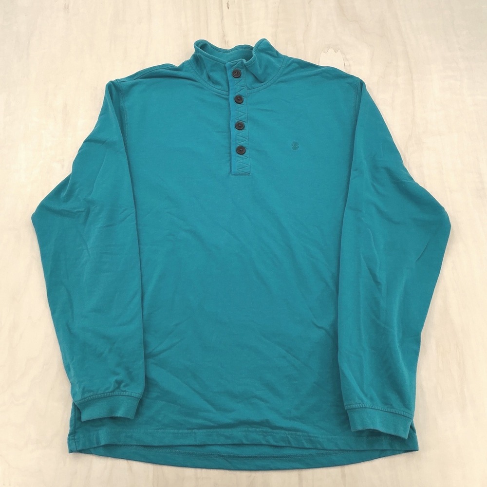 IZOD Saltwater Henley Pullover Mens M Teal Blue Button Mock Neck Preppy Nautical